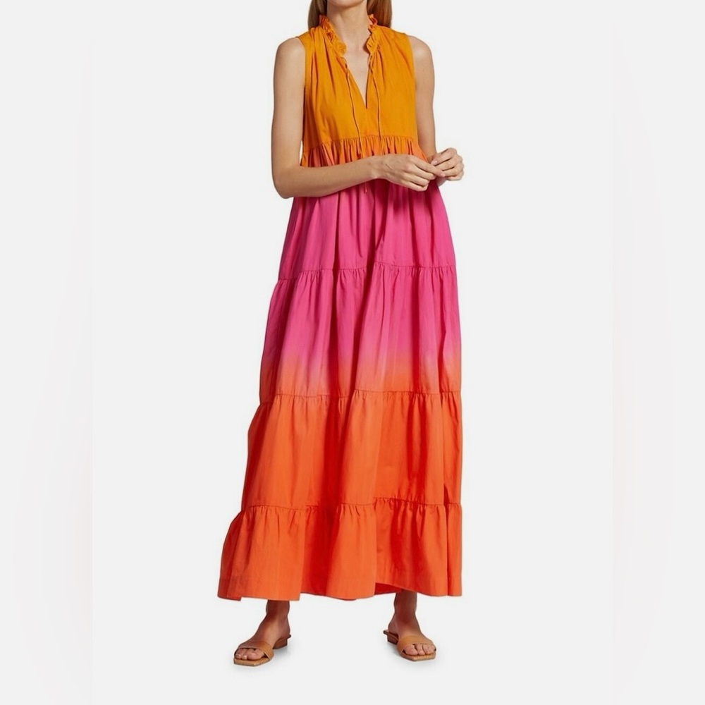 SWF Sunset Ombre Tiered Maxi Dress Pink Orange Cotton Boho Resort Vacation XS